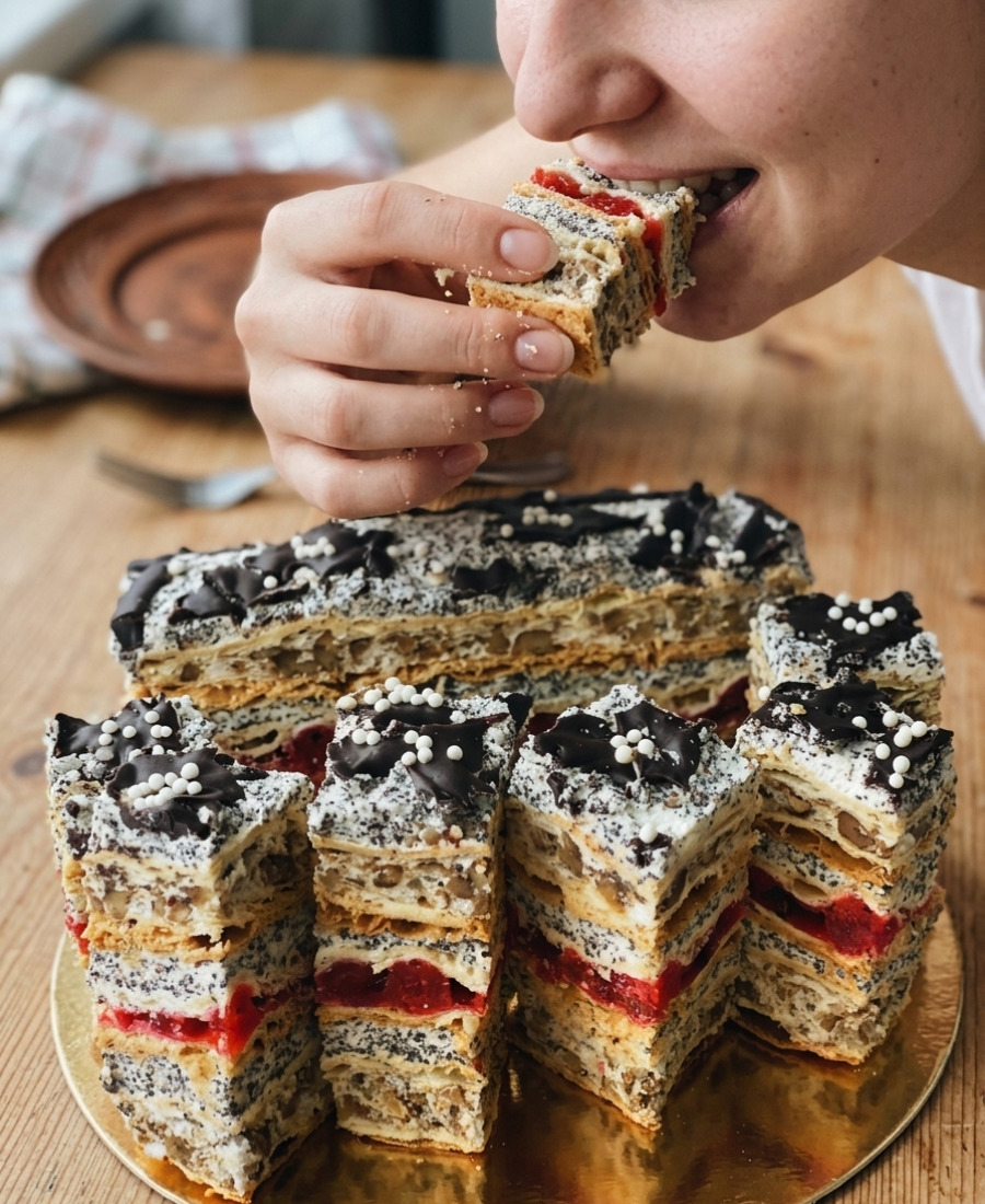 Дуже смачний перекладанець з горіхами. В цьому пляцку чудово поєднані горіхи, мак та вишні, а слойоні коржі просто тануть в роті